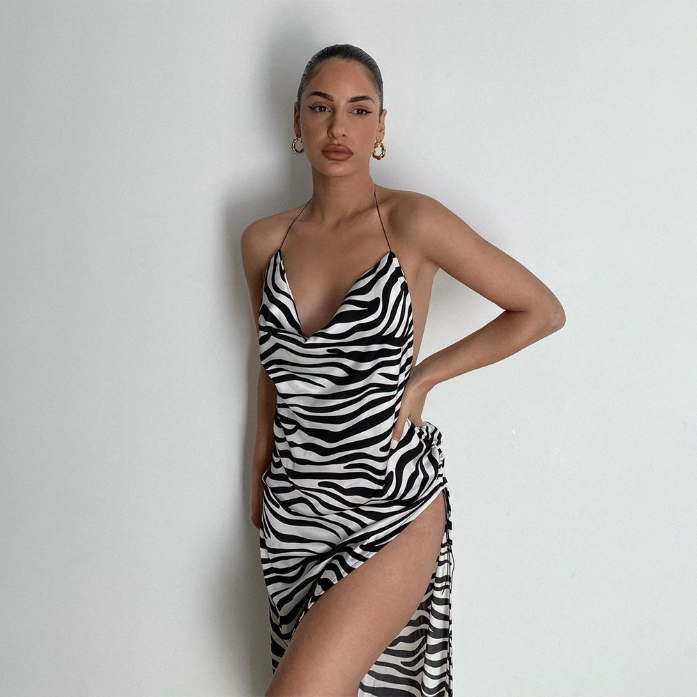 InstaHot Zebra Pattern And White Dress Backless Casual Spaghetti Strap A Line Party Dress 2021 Summer Elegant Female New Dresses