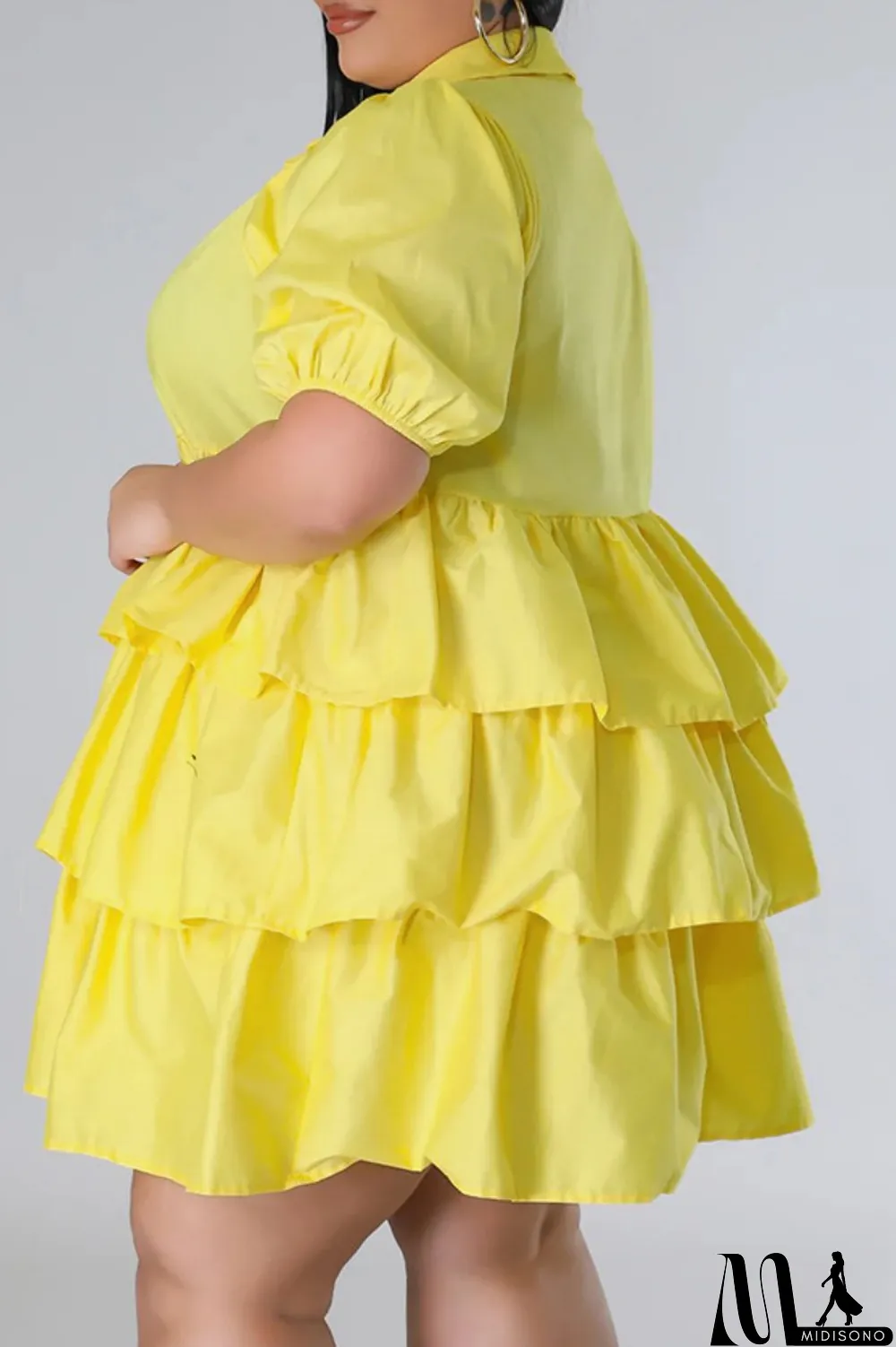 MidiSono - Light Blue Casual Solid Patchwork Turndown Collar Cake Skirt Plus Size Dresses