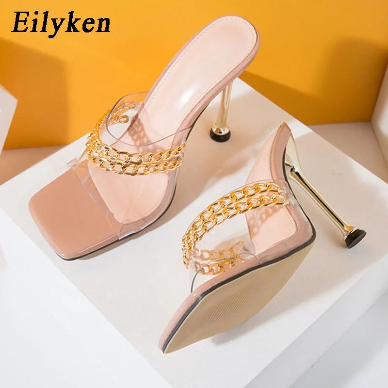 EilyKen New Summer Pumps Fashion Chain Slippers Sandals Shoes Women Thin High Heels Slip On Square Toe Mules Slides Ladies Shoes