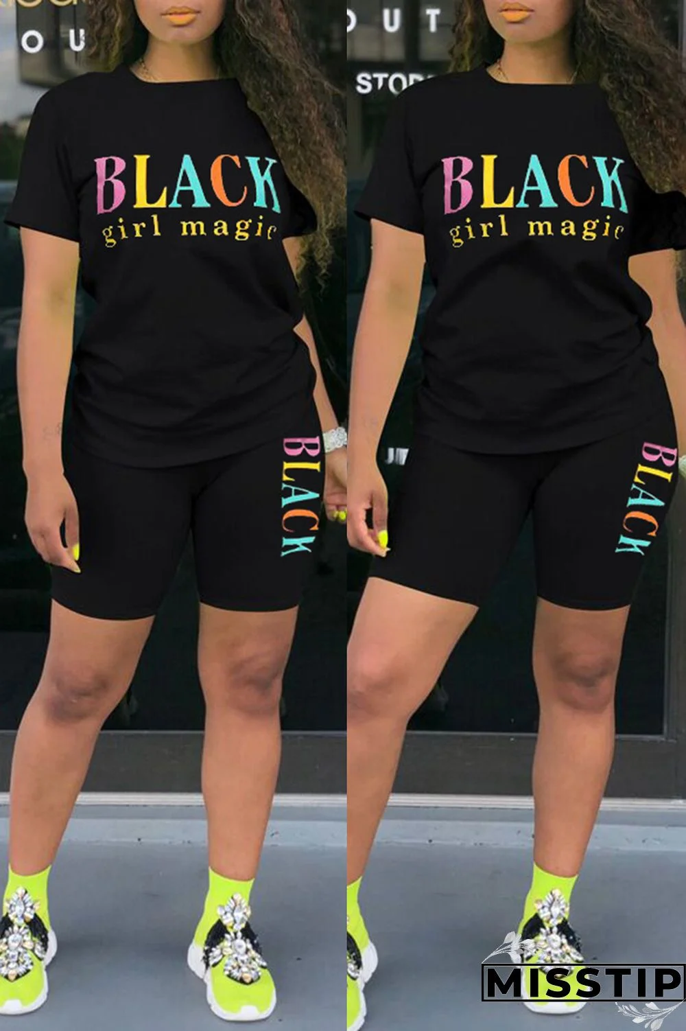 Blue Fashion Casual Letter Print Basic O Neck Short Sleeve Two Pieces