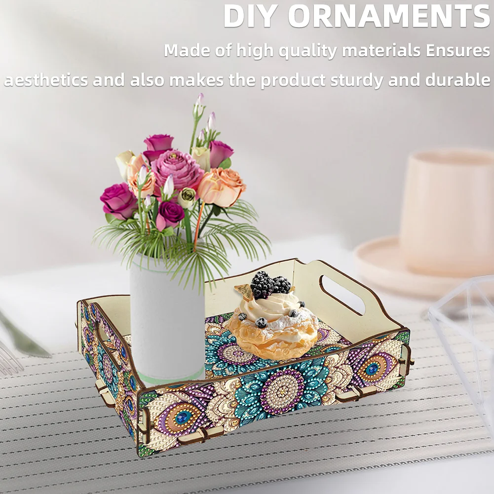 5D DIY Mandala Diamond Painting Wooden Serving Tray with Handle for Coffee Table