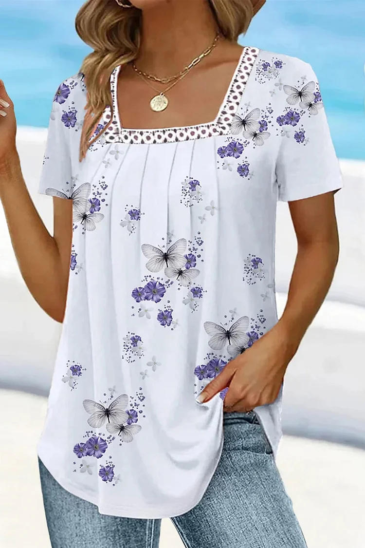 Flycurvy Plus Size Casual White Butterfly Print Lace Panel Crinkle Chest Blouse  Flycurvy [product_label]