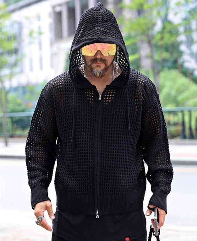 Casual Hollow Out Drawstring Zipper Knitted Hoodie Jacket 