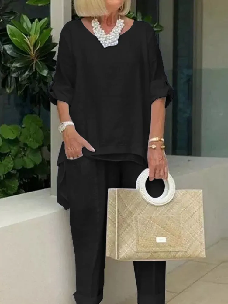2pcs Women's Long Sleeve Asymmetrical Pant Sets Autumn Tracksuit Fashion Blouse Elastic Waist Solid Urban Matching Sets