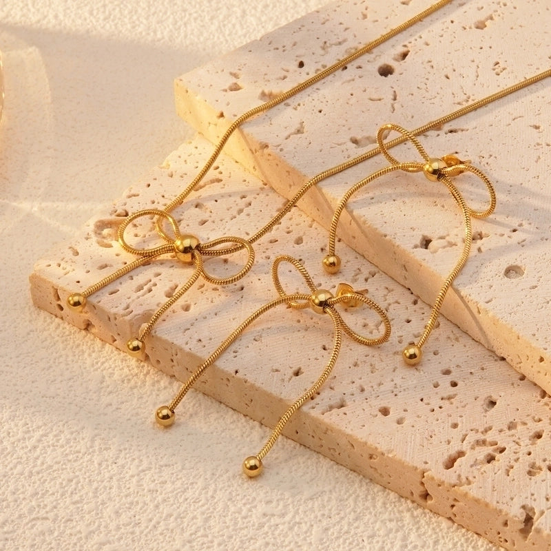 Lady French Style Bow Knot 304 Stainless Steel 18K Gold Plated Earrings Necklace Jewelry Set