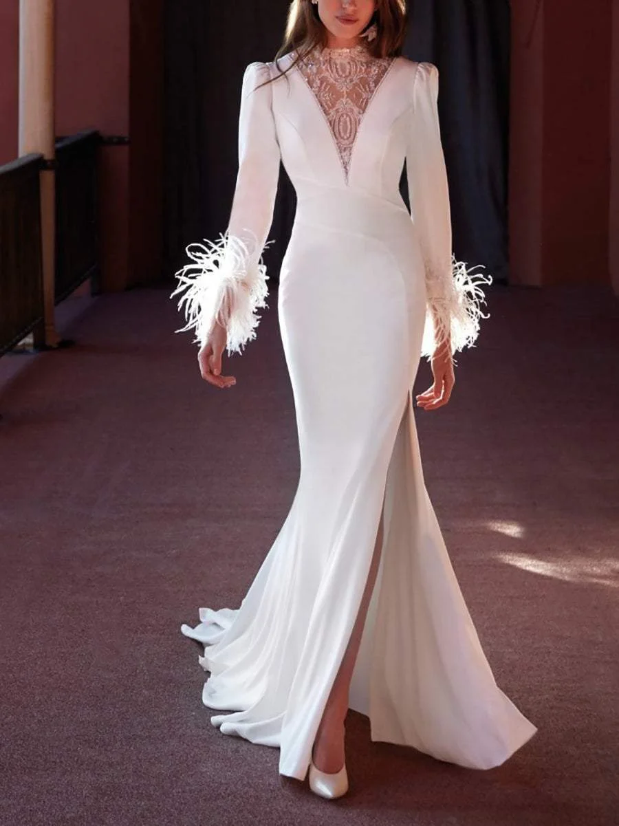 Elegant White Lace And Feather Long-sleeved Slim Dress
