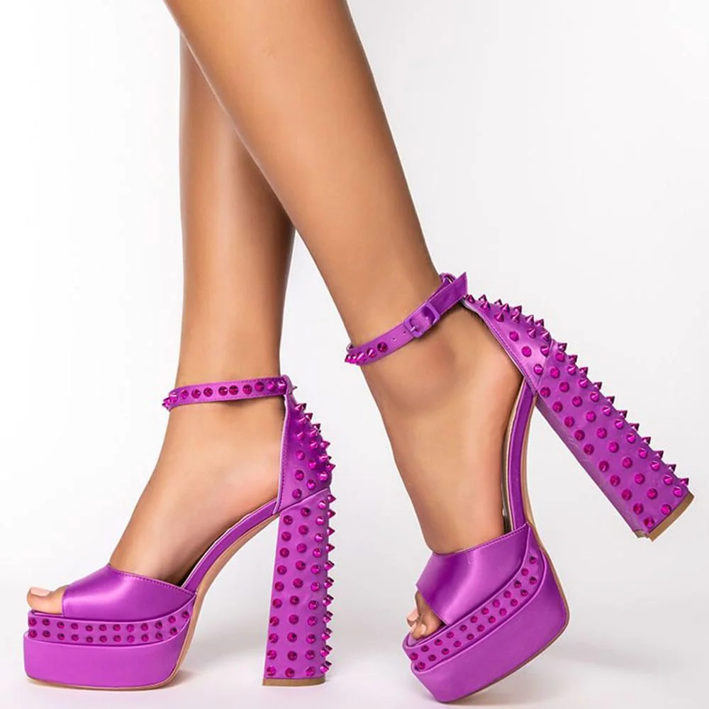 Ankle Strap Block Heels with Rivets Purple Satin Platform Sandals Nicepairs