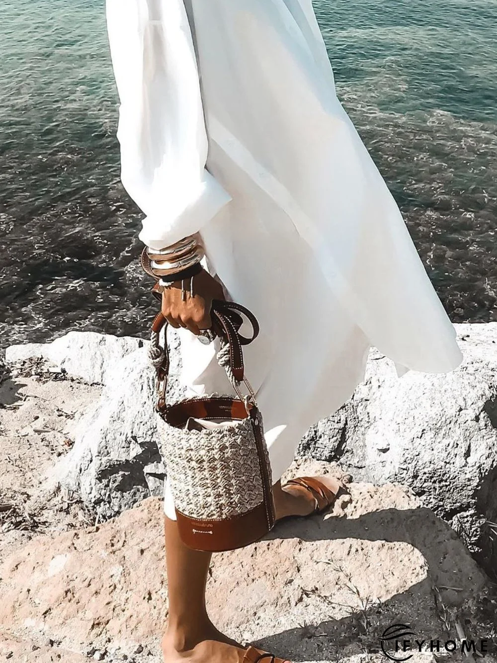 White Casual V Neck Plain Weaving Dress | IFYHOME