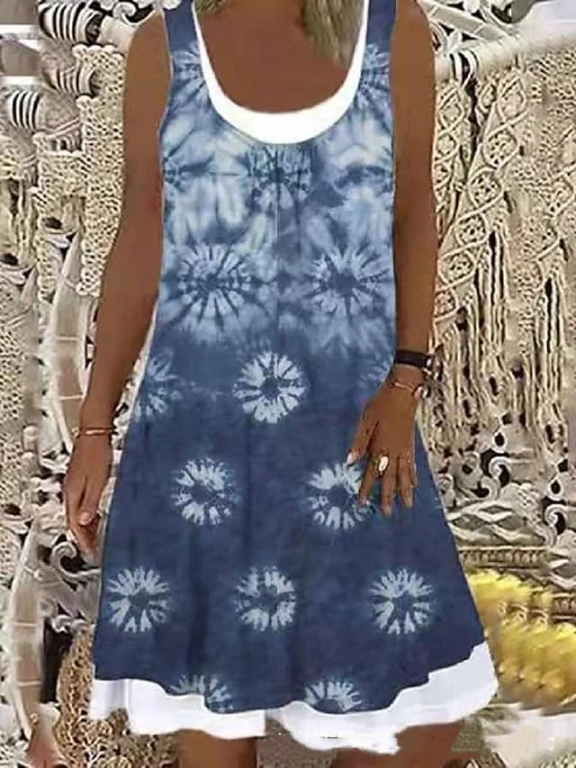 Women's Casual Dress Tank Dress Mini Dress Dark Blue Sleeveless Graphic Fake two piece Winter Fall Spring U Neck Fashion Weekend Loose Fit 2023 S M L XL 2XL 3XL | IFYHOME