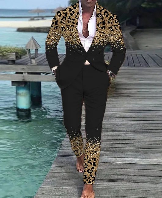 Okaywear Leopard Print Button Blazer & Pants 2Pcs Set 
