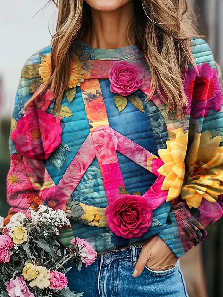 Women's Hippie Peace Floral Collage Print Casual Crew Neck Sweatshirt