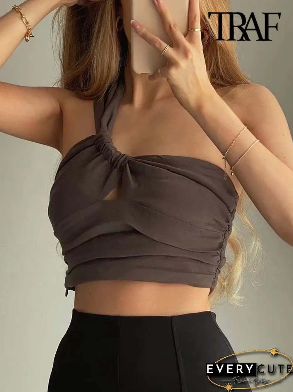 Womens Fashion Sexy Pleated Asymmetry Linen Crop Tank Tops Vintage One Shoulder Side