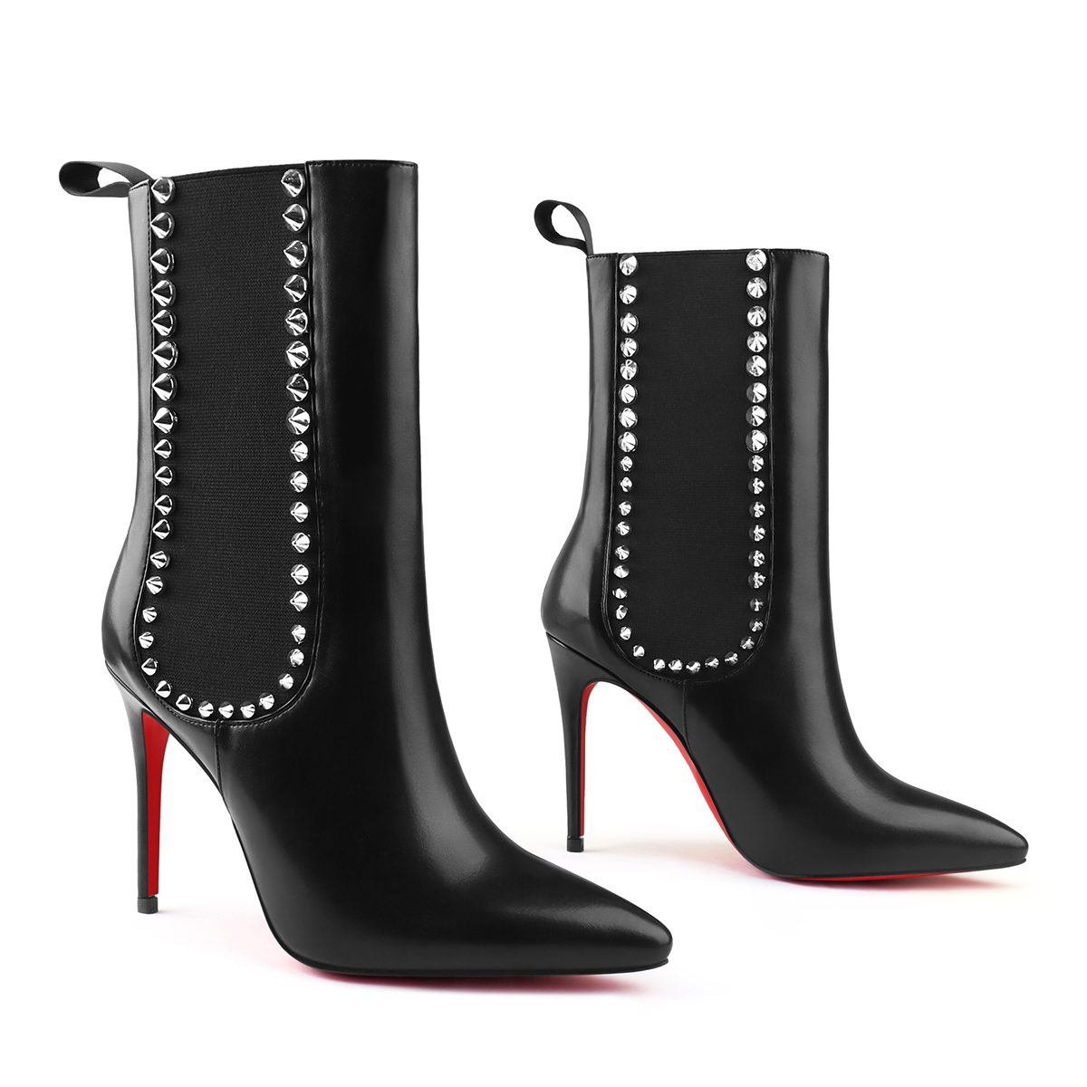 100mm Women's High Heels Boots Red Bottom Black Rivet Ankle Boots-MERUMOTE