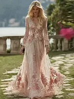 Vintage Boho Floral Embroidered Glitter Flowy Linen Maxi Dress