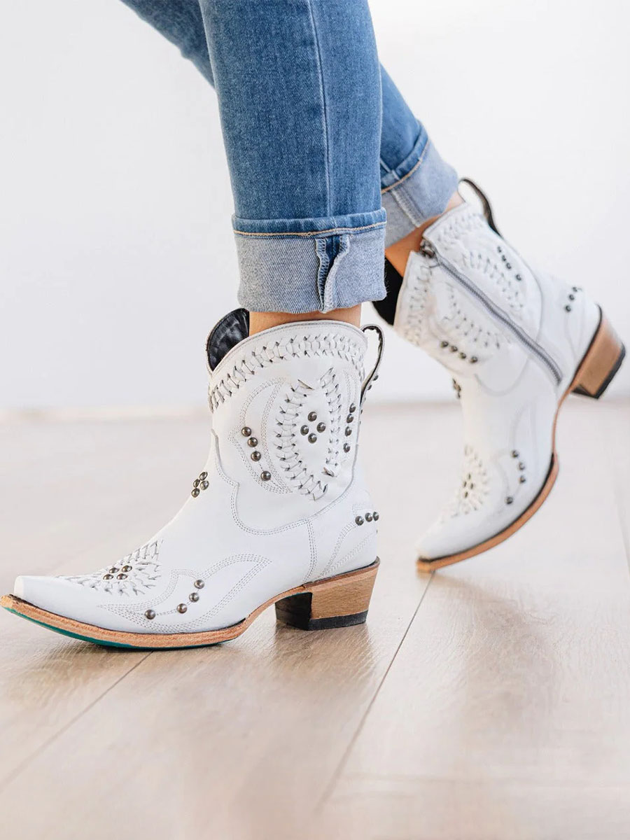White Vegan Leather Snip Toe Woven Inlay Studded Cowgirl Ankle Boots With Chunky Heels