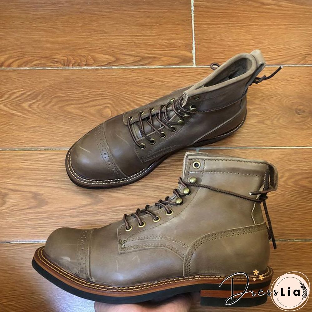 Genuine Genuine Leather Lace-Up Vintage High Quality Tooling White Ankle Boots Motorcycle Boots