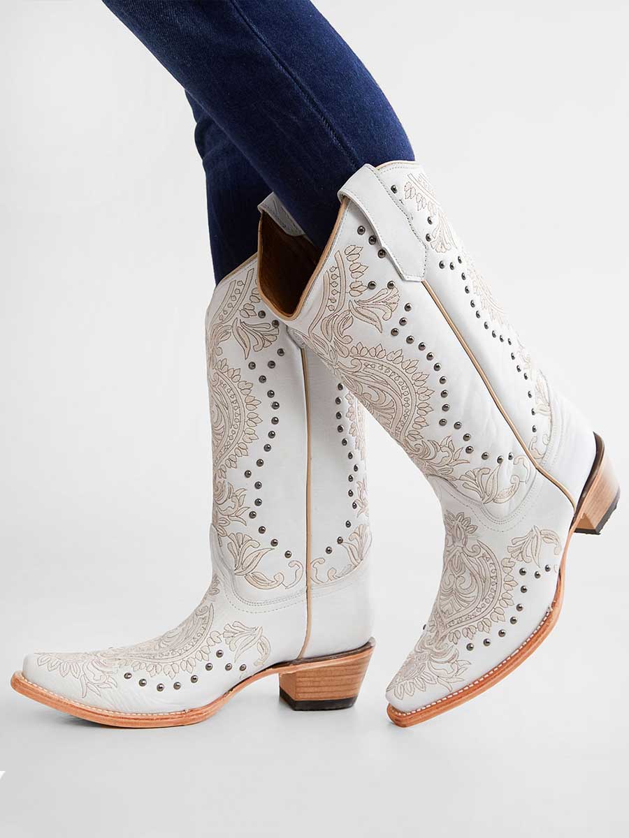 White Snip Toe Floral Embroidered Studded Western Boots for Women