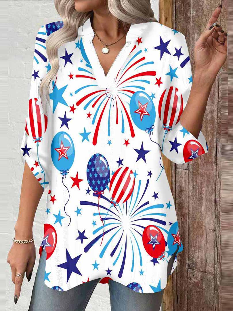 Women  Independence Day, Star, Striped, Blue, Red DZGA0223 3/4 Sleeve V-neck Printed Graphic Button Tops