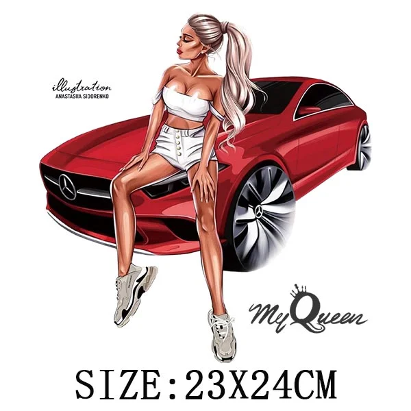 Pretty Girl&Car Iron On Transfer For T-shirt DIY Washable Thermal Sticker Fashion Design Patches On Clothes Appliqued Decoration