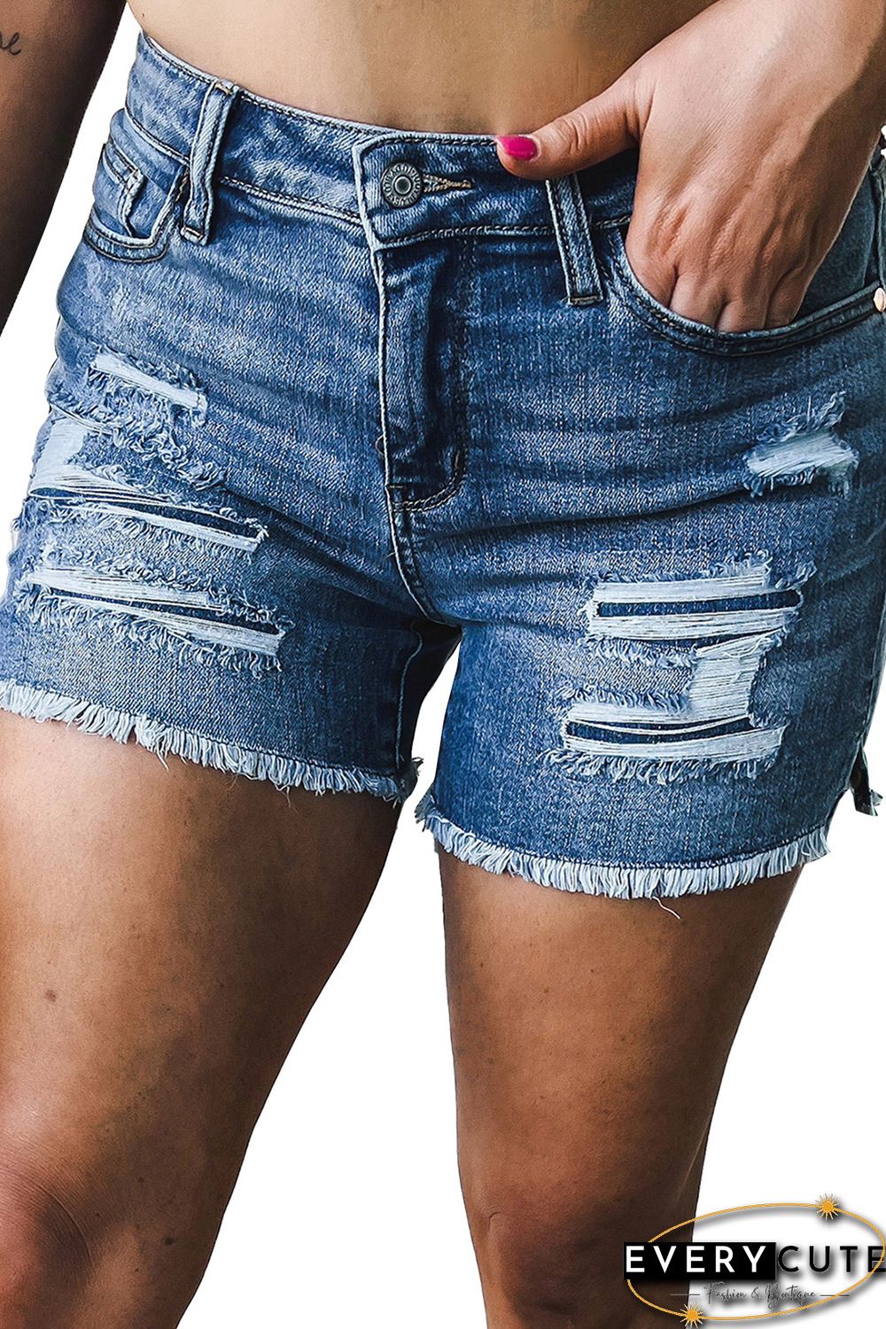 Sky Blue Distressed High Waist Plus Size Denim Shorts