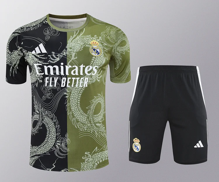 2025-26 Real Madrid short-sleeved training suit black green-adult suit