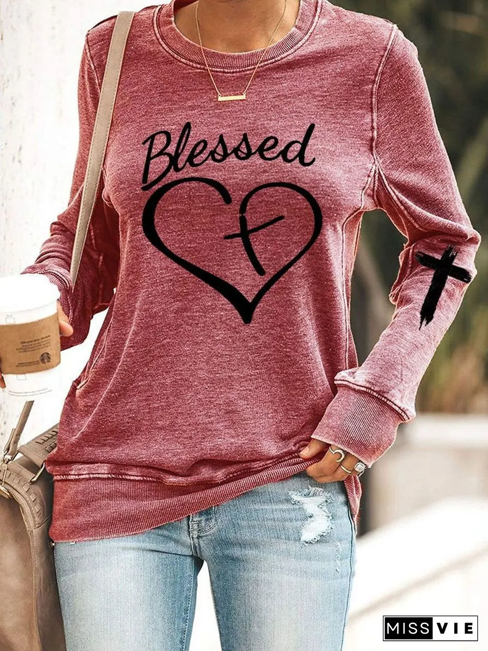 Women's Blessed Love Heart Print Casual Sweatshirt