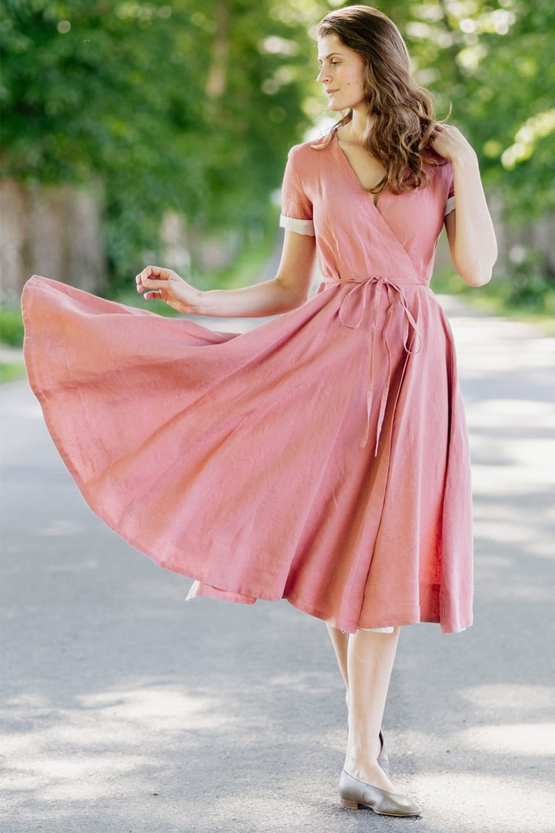 1950s Pink Casual French Cuff Pocket Thin Waist Strap Wrap A-line Midi Dress [Pre-Order]