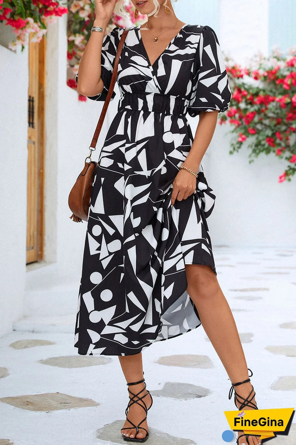 Print V Neck Beach Bubble Sleeve Midi Dress