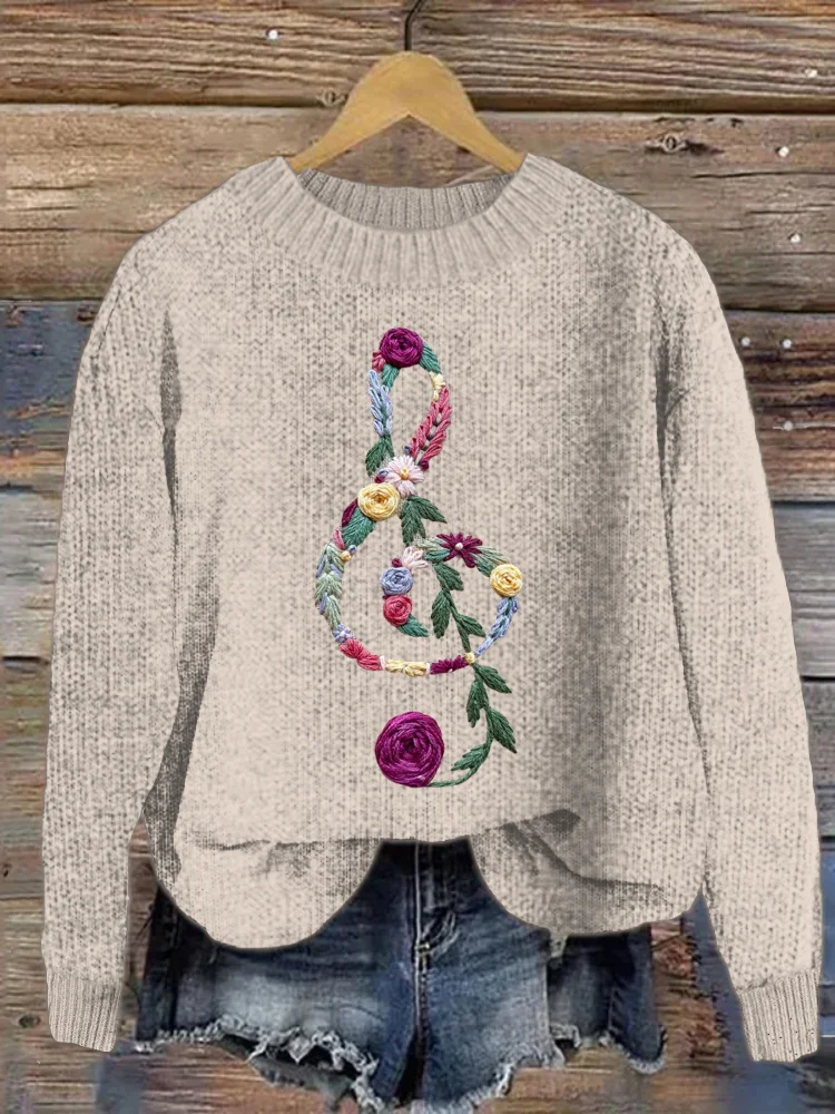 Floral Music Pattern Crew Neck Sweater