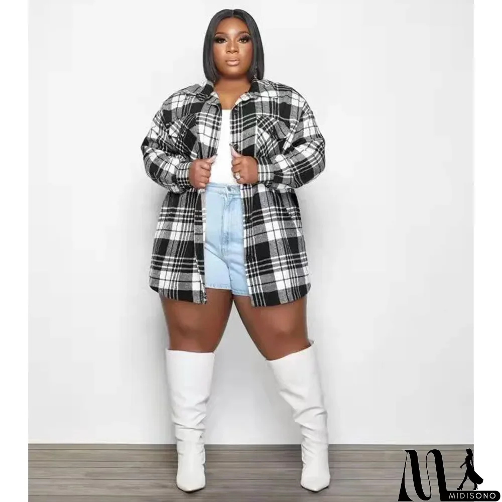 MidiSono - Plaid Long Sleeve Loose Shirt Top