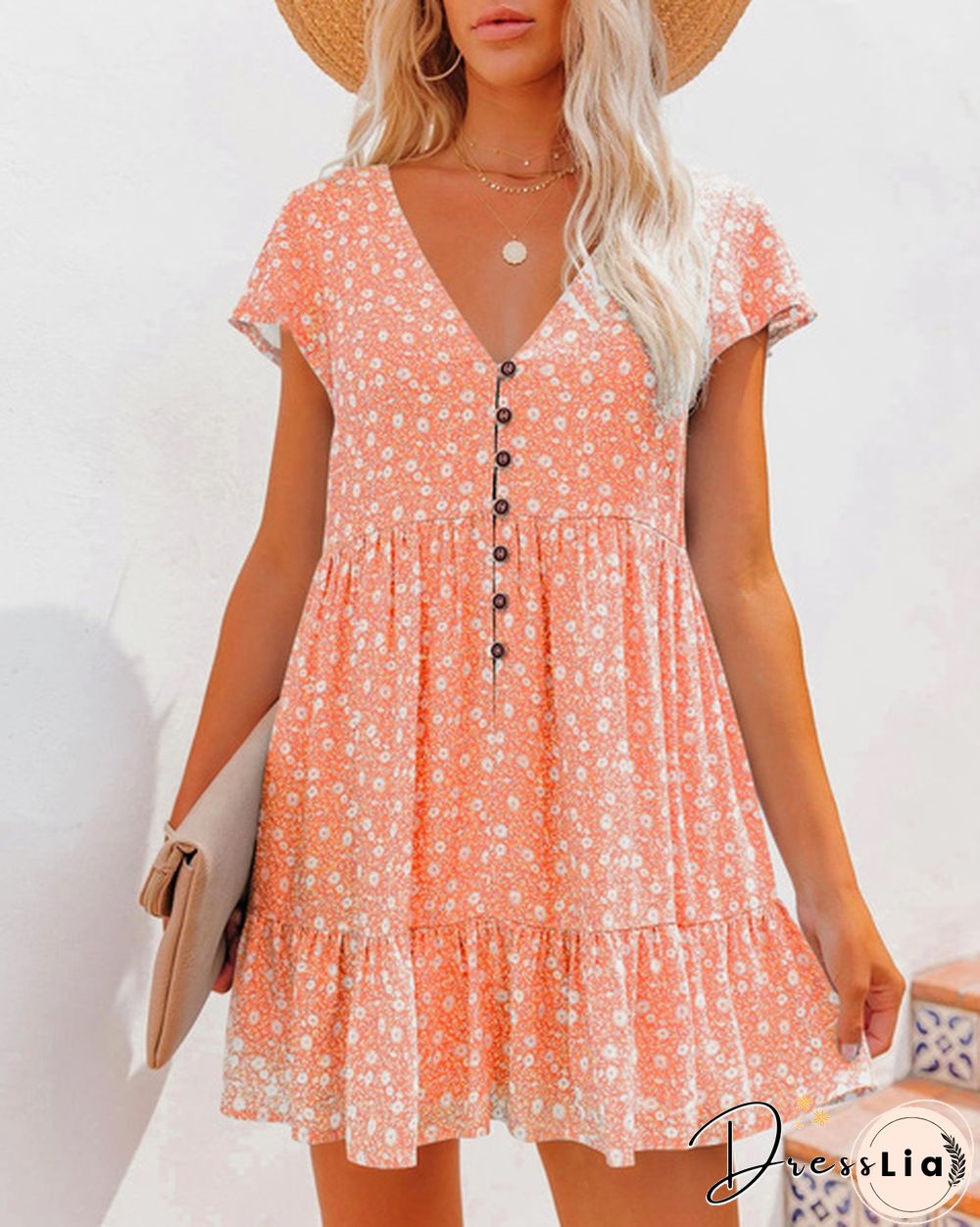 XS-8XL Spring Summer Dresses Plus Size Fashion Clothes Women's Casual Short Sleeve Dress Ladies Button Up Floral Flower Printed Dress Patchwork Loose Mini Pleated Dress Beach Wear Short Party Dress