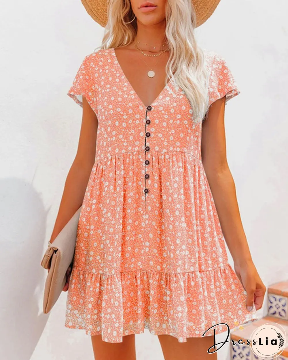 XS-8XL Spring Summer Dresses Plus Size Fashion Clothes Women's Casual Short Sleeve Dress Ladies Button Up Floral Flower Printed Dress Patchwork Loose Mini Pleated Dress Beach Wear Short Party Dress