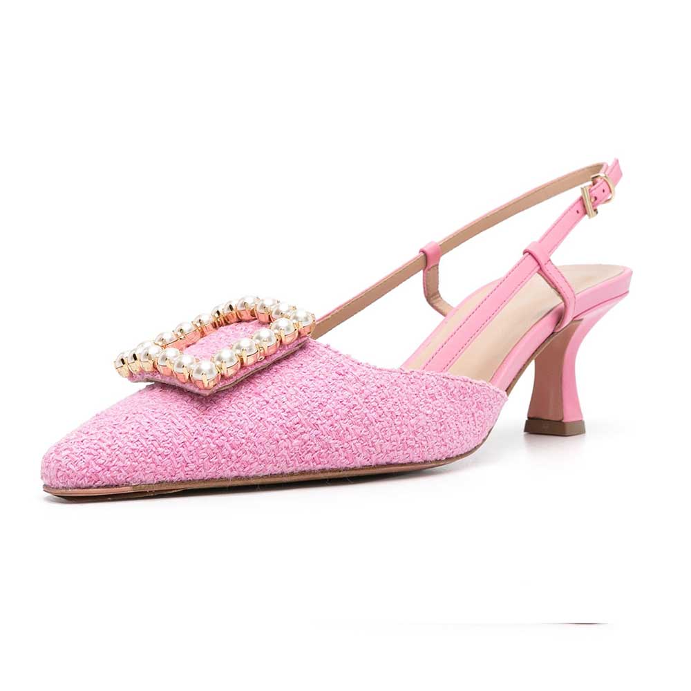 Cute Pink Pointed Toe Pearl Buckle Decor Slingback Pumps