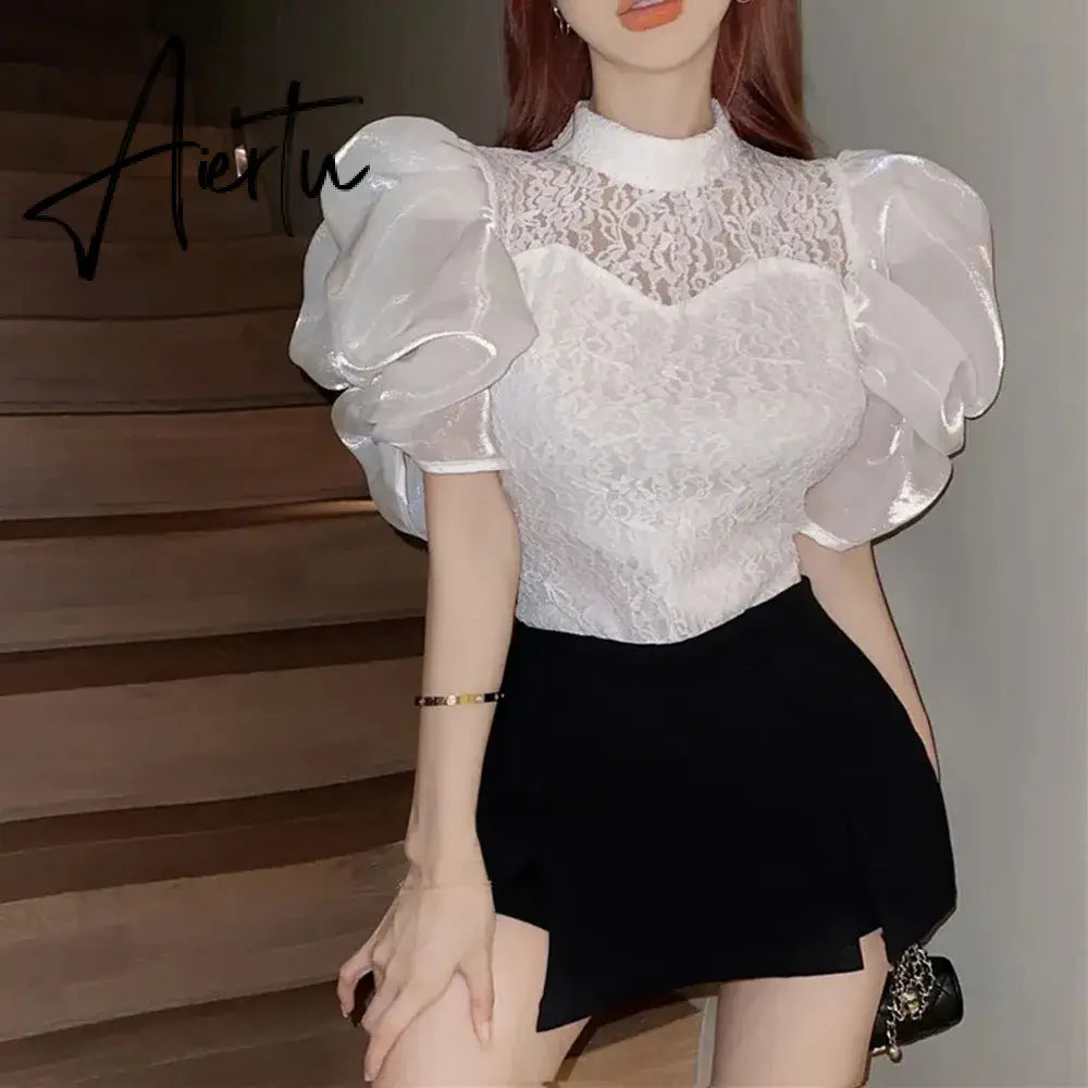 Aiertu Summer Chic Court Style Lace Hollowed Shirt Womens French Elegant Bubble Sleeve Blouses Ladies Tops Sweet Camisas Y Blusas Aiertu