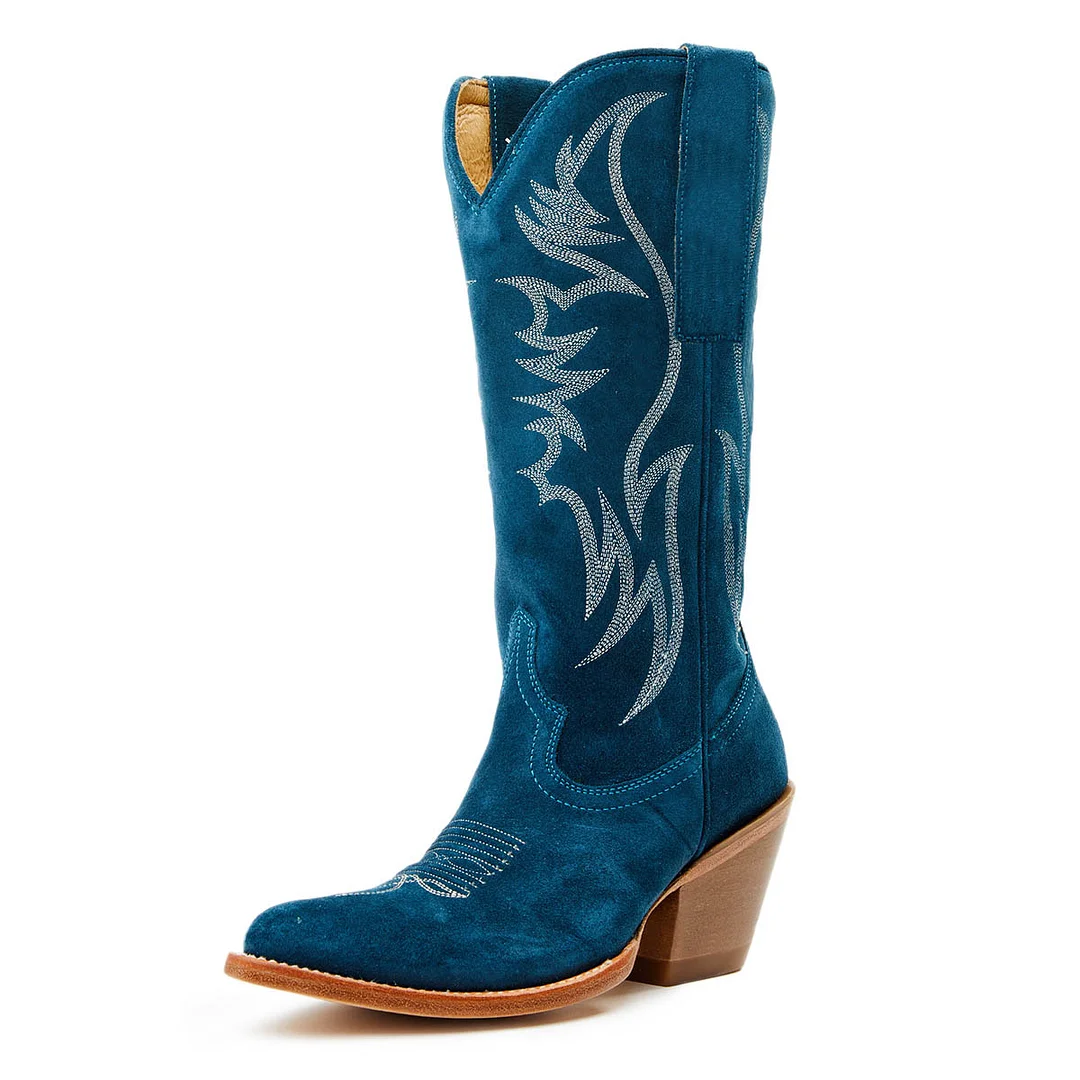 Vegan Suede Chunky Heel Embroidered Wide Calf Cowgirl Boots in Teal