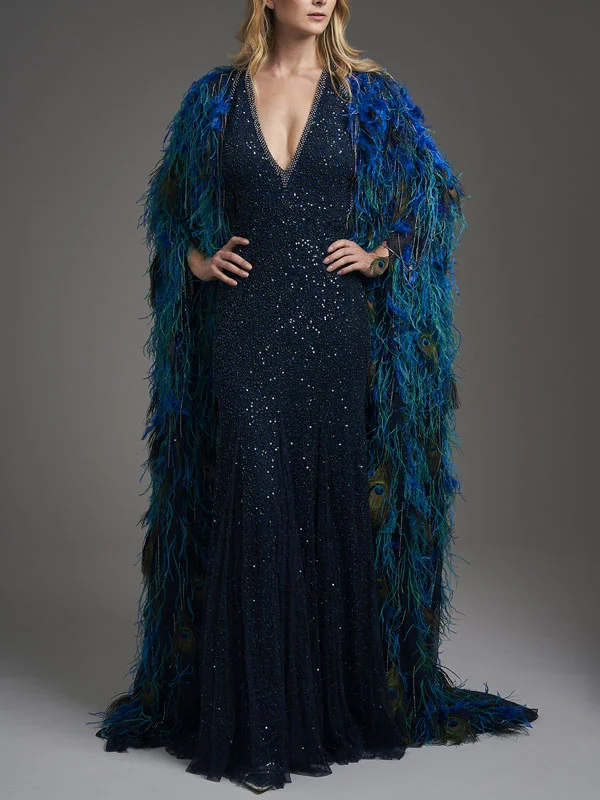 Peacock Feather Cape Exquisite Women's Gown
