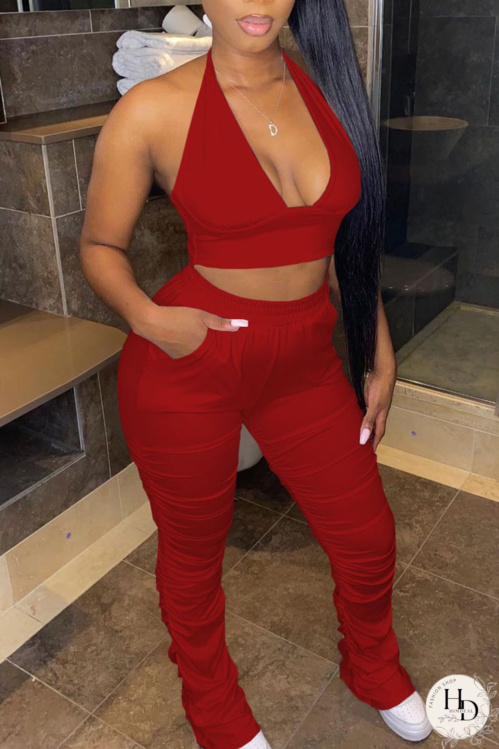 Tangerine Red Casual Solid Bandage Split Joint Backless Halter Sleeveless Two Pieces