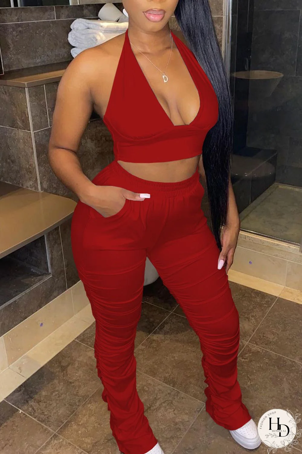 Tangerine Red Casual Solid Bandage Split Joint Backless Halter Sleeveless Two Pieces