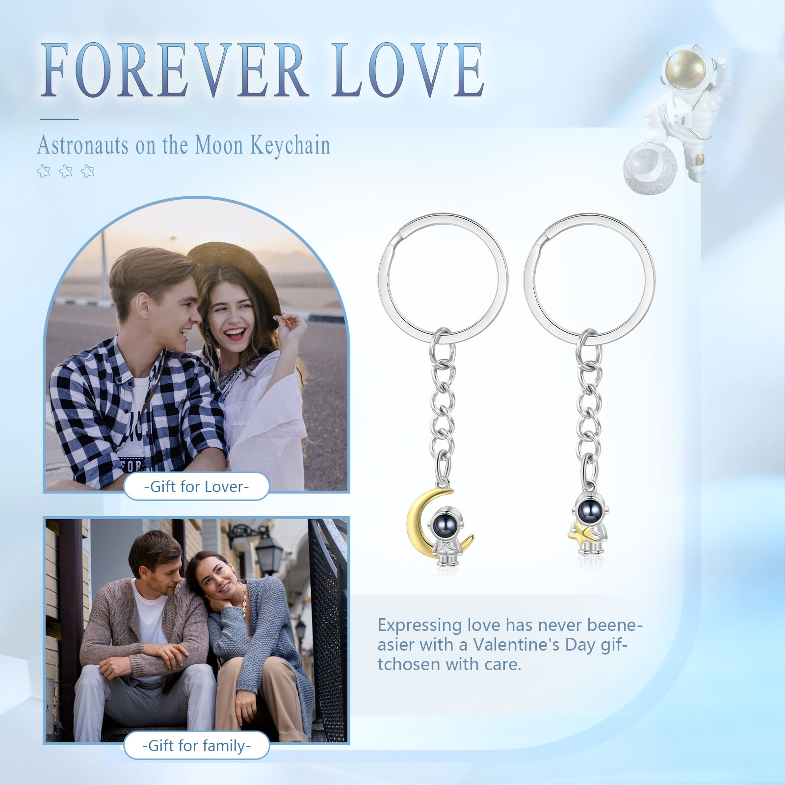 Ti amo Coppia di portachiavi 1 foto personalizzata astronauta luna e stella con proiezione per coppia