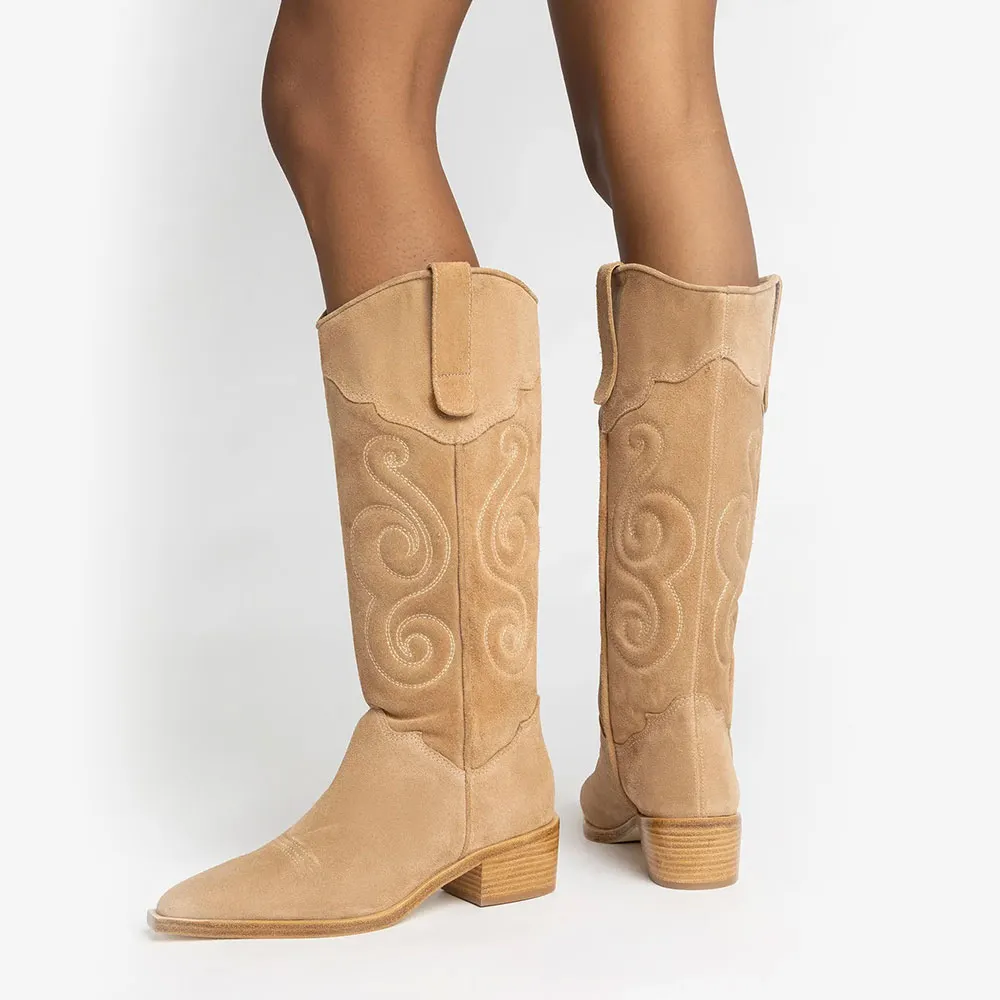 Closed Toe Block Heel Tan Embroidered Cowgirl Boots for Women