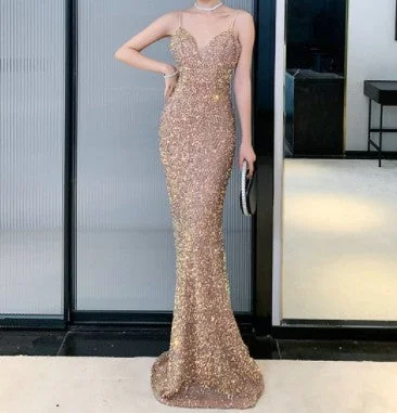 Strap V Neck Gold Sequin Long Prom Dress BE691