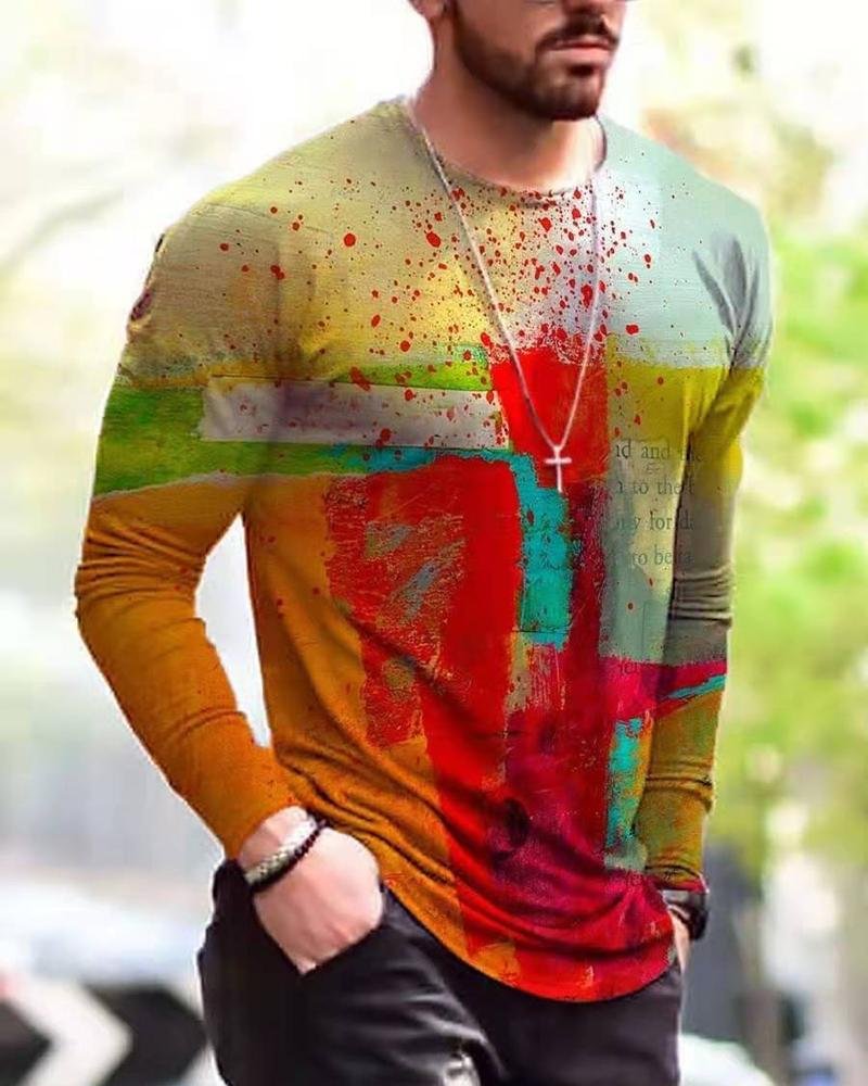 men's irregular long-sleeved T-shirt with abstract printing