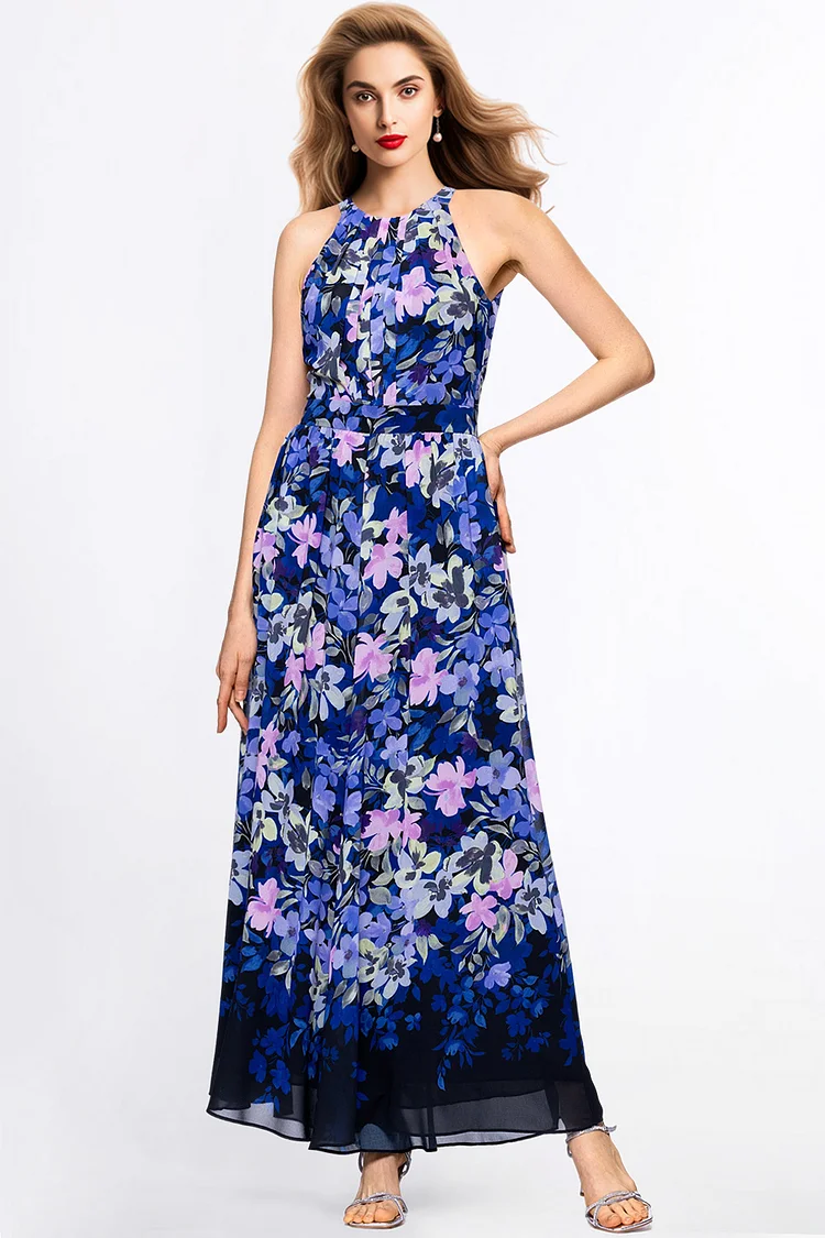Zaruci Everyday Navy Blue Chiffon Floral Print Sleeveless Maxi Dress [Pre-Order]