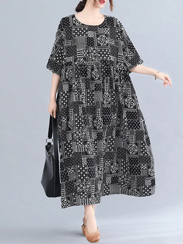 Artistic Retro Loose Plaid Printed Midi Dress