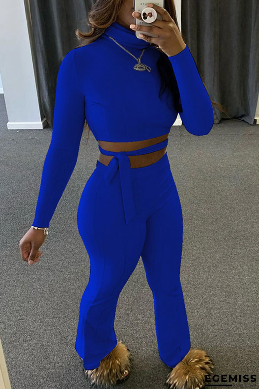 Peacock blue Fashion Casual Adult Solid Patchwork O Neck Long Sleeve Regular Sleeve Short Two Pieces | EGEMISS