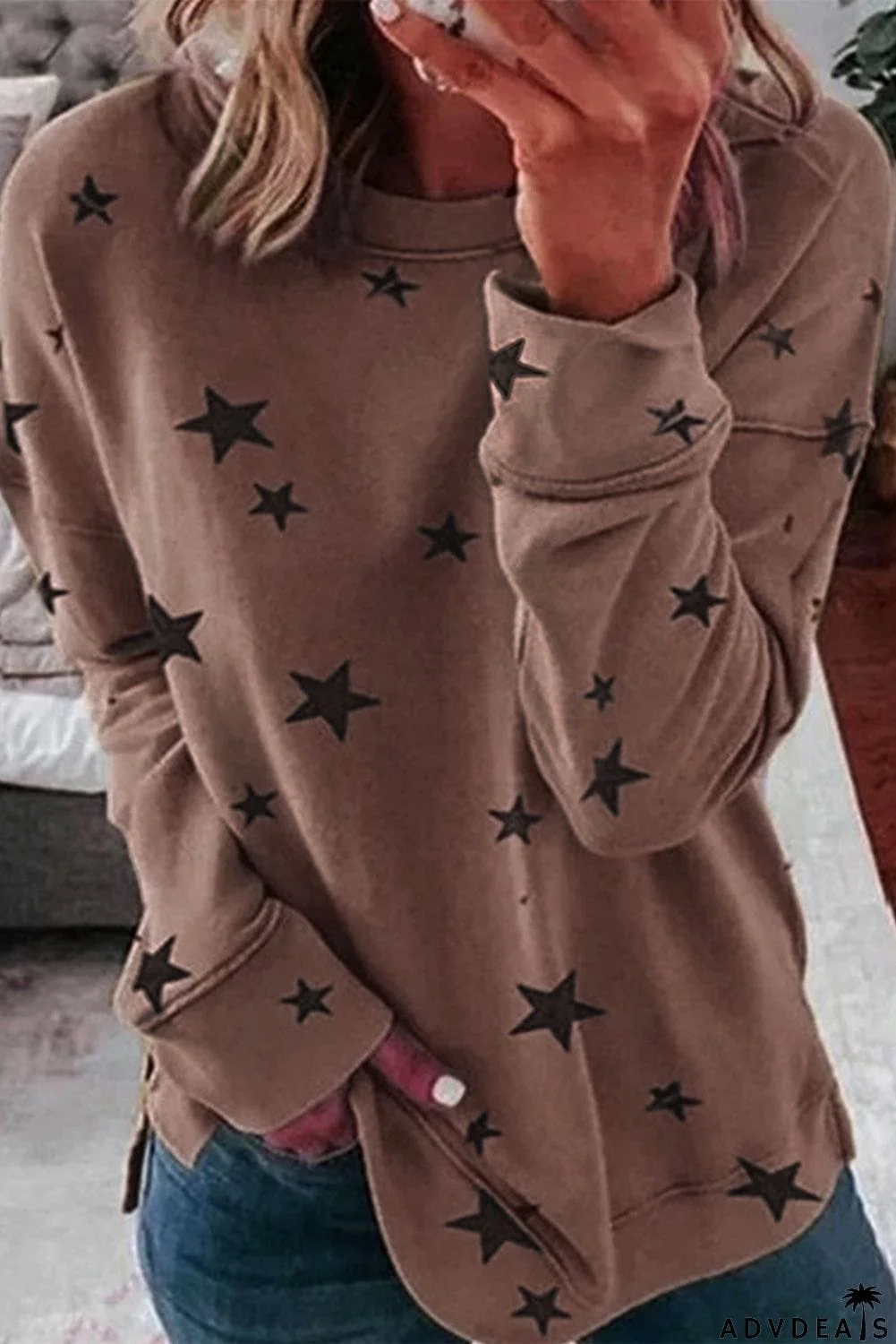 Round Neck Star Print Long Sleeve Top