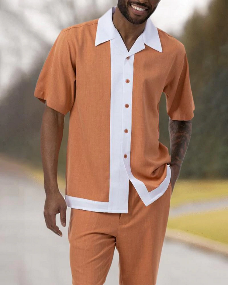 Two Piece Short Sleeve Print Walking Suit Set With Long Pants