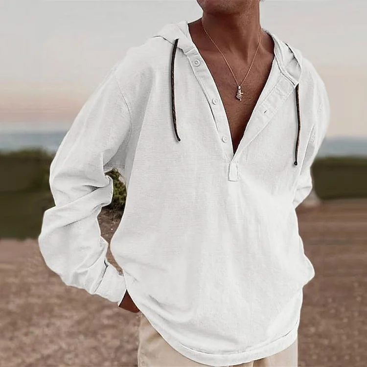 Men's Solid Cotton And Linen Hooded Long Sleeve Shirt 58250569Z