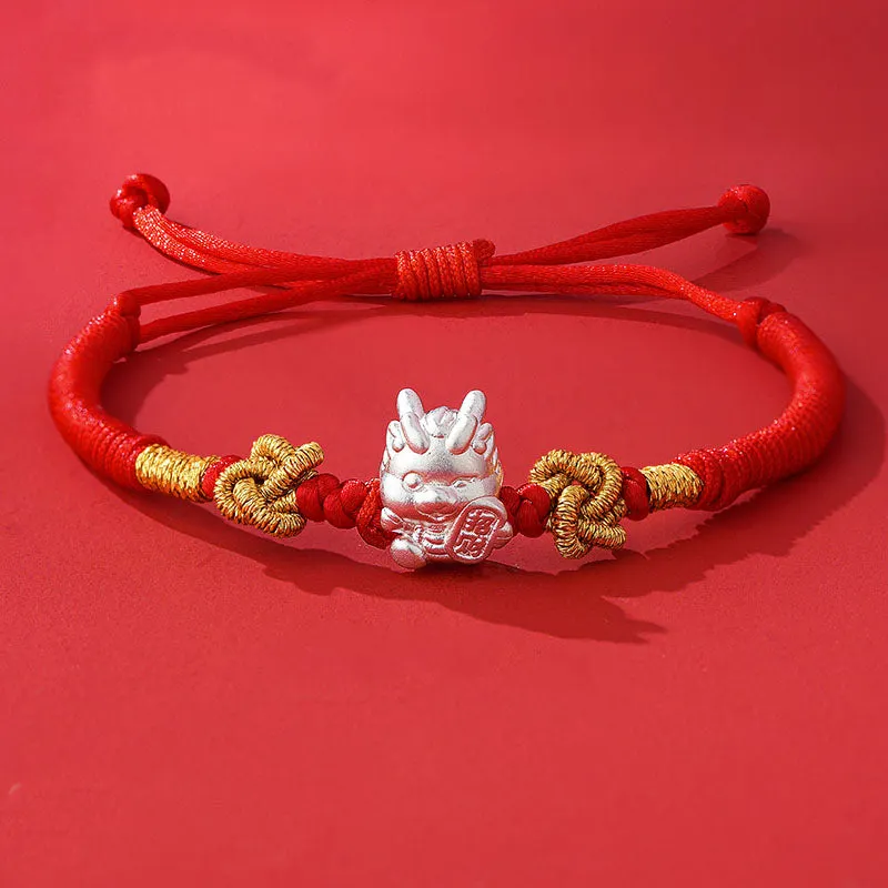 999 Sterling Silver Year of the Dragon Fu Character Attract Fortune Luck Handcrafted Braided Bracelet