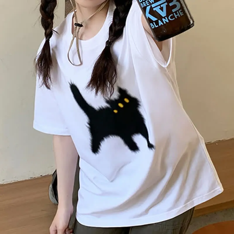 Cartoon Cat Print Round Collar Oversized T-Shirt